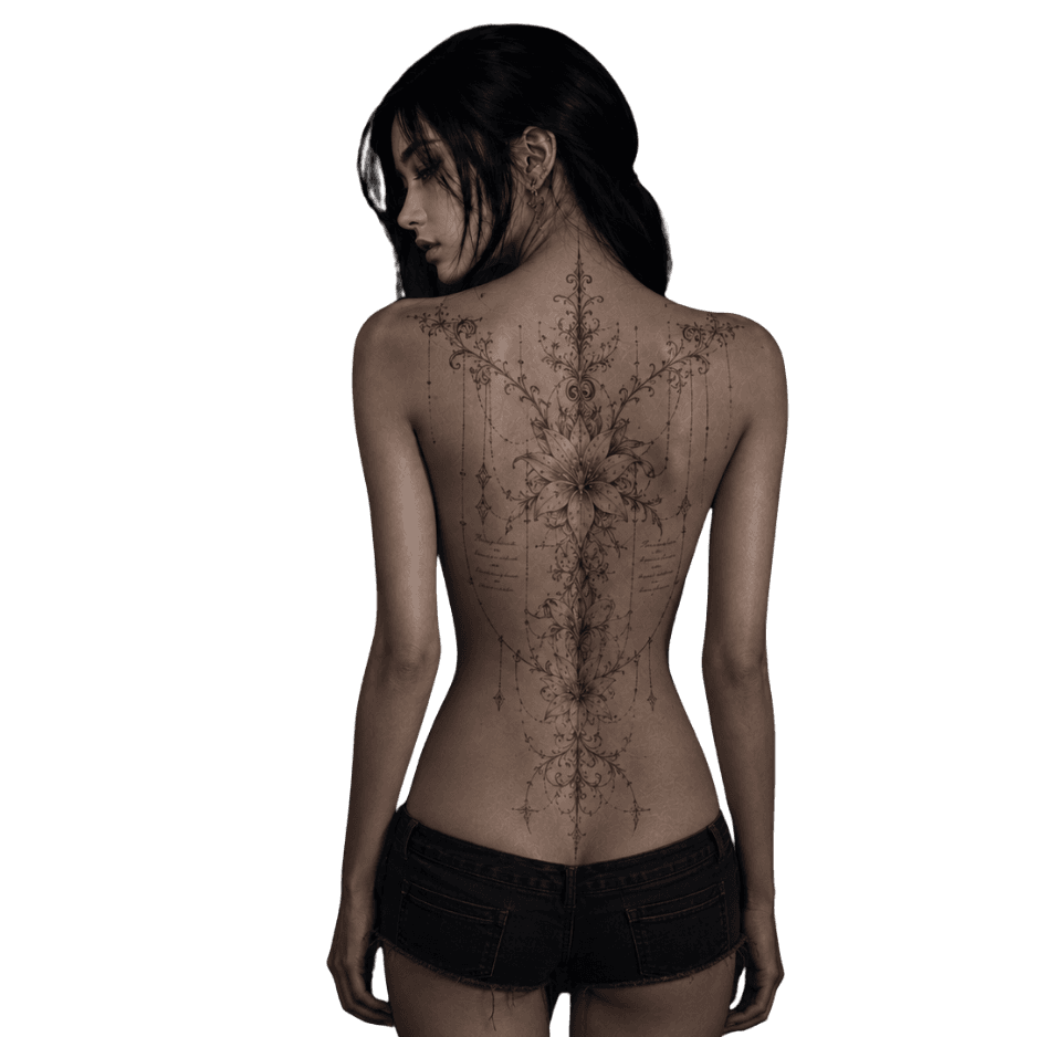 Modèle de dos présentant un tatouage floral Black Needle Studio